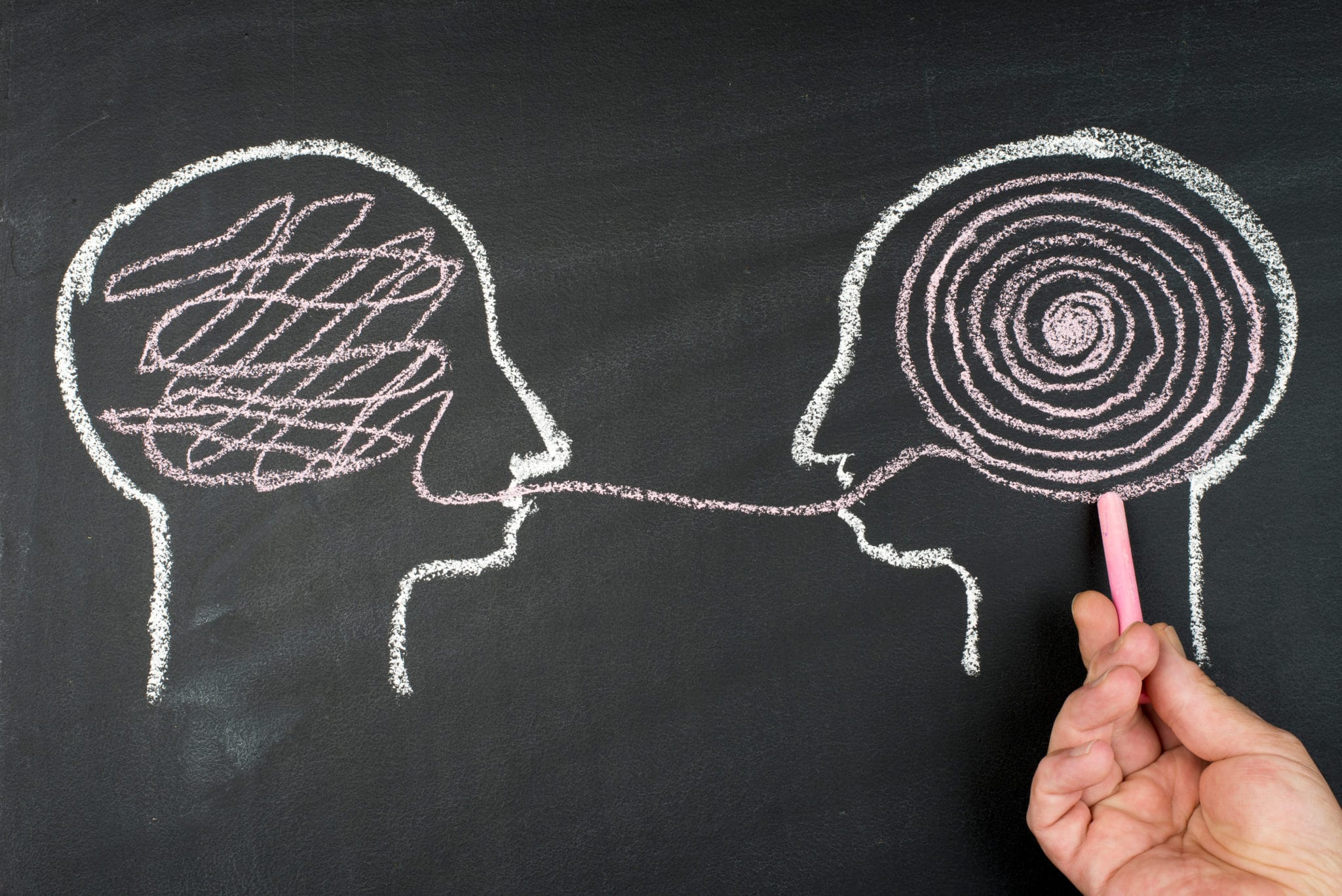 Chalk drawing of two heads, one with scribbles in the brain and the other with a spiral explaining a speech audiometry test.