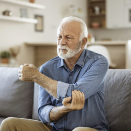 Man holding his elbow experiencing arthritis.